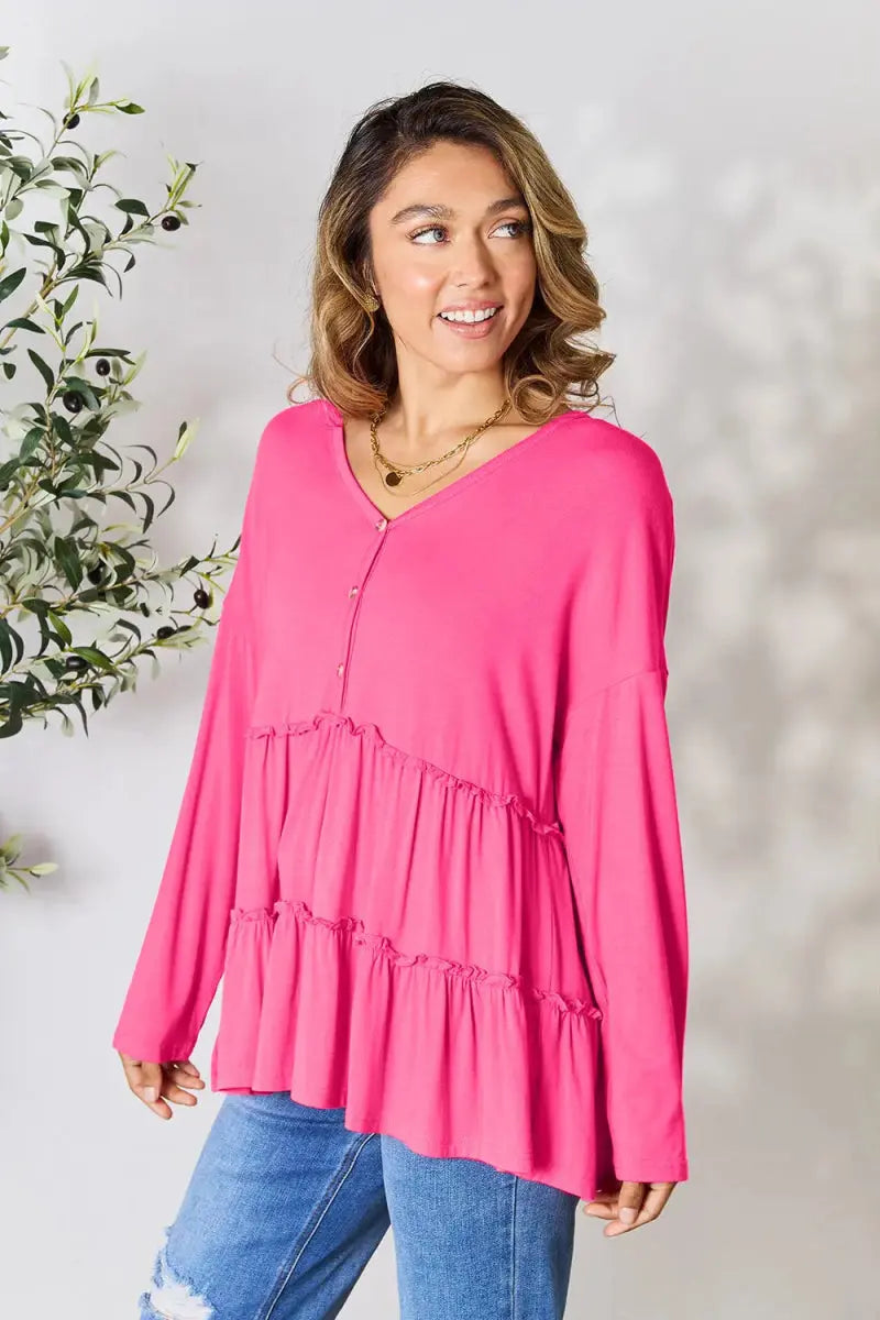 Double Take Half Button Long Sleeve Ruffle Hem Blouse - Love Salve